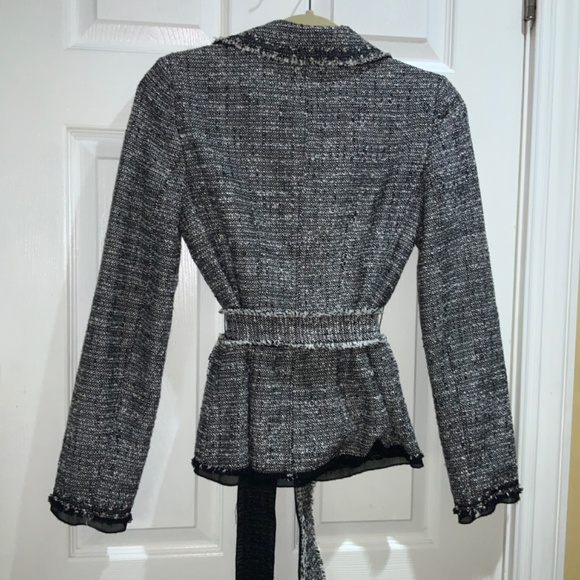 Ann Taylor Fringe Edged Wrap Jacket Sz 0 chiffon trim tweed belt hook closure - Picture 6 of 8